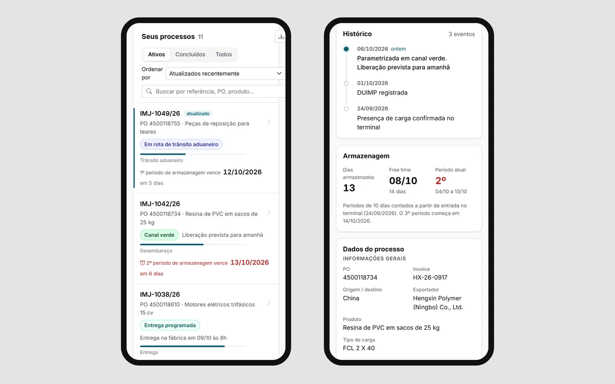 INFO-BROKER aberto em dois celulares: o painel e o detalhe de um processo